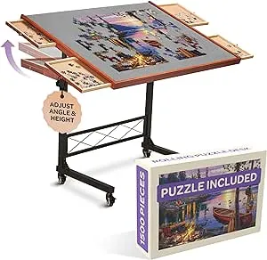 JoyBerri Jigsaw Puzzle Table/Rolling Puzzle Desk - 1500 Piece Puzzle Board with Bonus Puzzle/Portable Jigsaw Puzzle Tables with Drawers and Legs - Hei