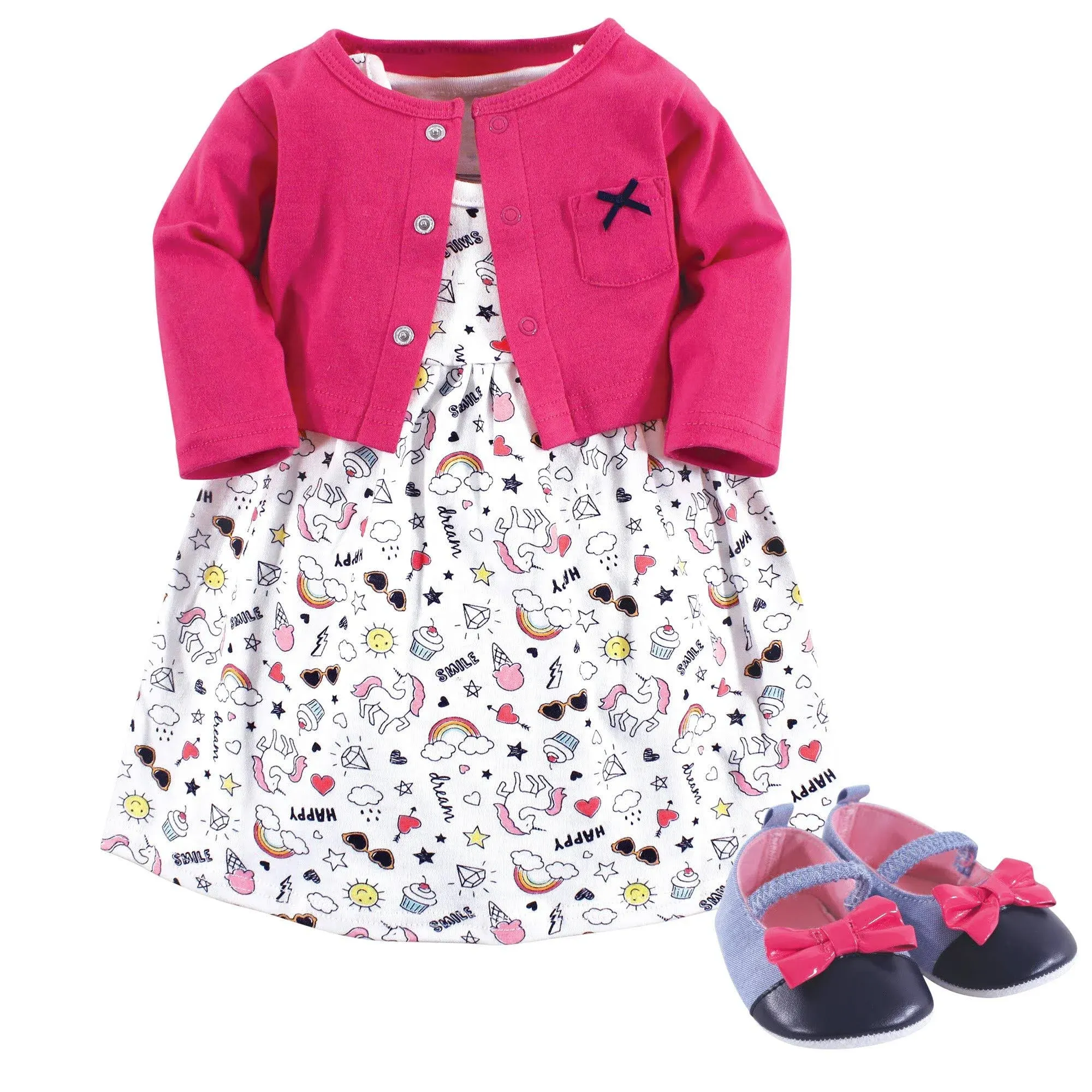 Little Treasure baby-girls Cotton Dress, Cardigan and Shoe Set