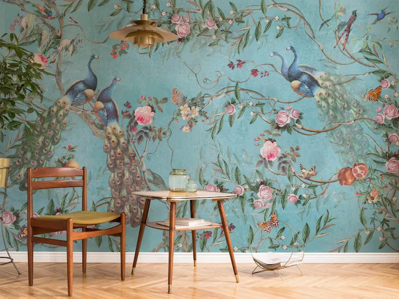 Flowers and Peacock on The Blue Background Floral Chinoiserie Wallpaper - Peel and Stick Wall Mural - 67" H x 102" W