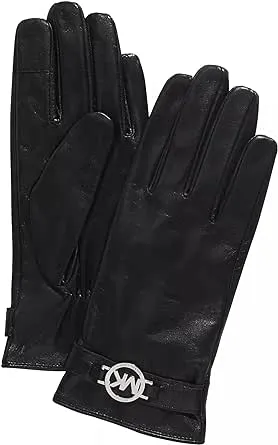 Michael Kors Black Leather Gloves Silver Circle Logo Womens Medium NWT\xa0\xa0