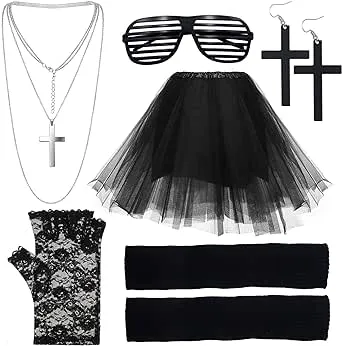 EuTengHao 80s Women's Costume Outfit Accessories Set Includes Tutu Skirt Stripe Glasses Lace Gloves Leg Warmers Crucifix Earrings and Necklace