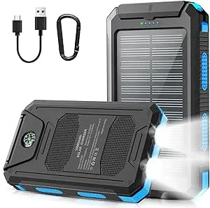 Power-Bank-Solar-Charger - 38800mAh Power Bank, Portable Charger, External Battery Pack 5V/3A Type C Input Output Dual Built-in Super Bright Flashlight, Carabiner, Solar Panel Charging