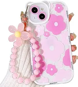 Pretaco for iPhone 12 Case Clear Blue Floral Bear Camera Lens Case with Lovely Flower Bracelet Chain for Women, Shockproof Cover-Blue