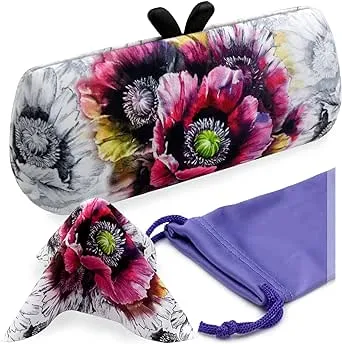 Chic Medium Hard Eyeglass Case - Small Sunglasses Case in Purple Floral,  A mini Accessories Case w/cloth (AS461 Poppy)