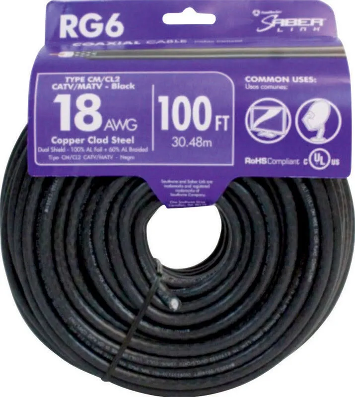 Southwire 56918243 100' Black 18 Gauge RG6 Coax Cable