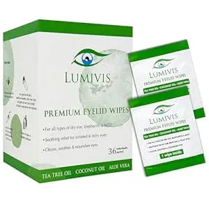 Eyelid & Eyelash Wipes with Tea Tree Oil 36 Pcs - Daily Eye Cleanser for Blepharitis, Itchy, Stye Eyes - Individually Wrapped, Natural Makeup Remover