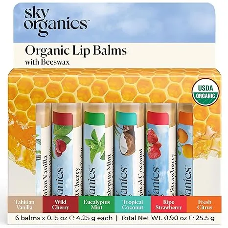 Sky Organics Organic Lip Balm with Beeswax and a Rich Nourishing Blend of Plant Oils, Moisturizing Lips Balms to Lock In Moisture and Keep Lips Feeling Soft and Smooth, Six Assorted Flavors, 6pk.