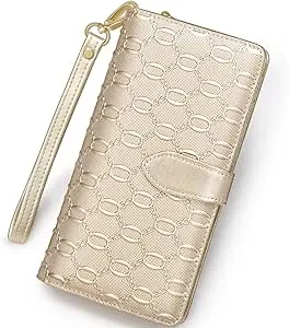 FOXER Women Leather Wallet Long Clutch Wallet Ladies Bifold Wallet with Wristlet, Gold, One Size