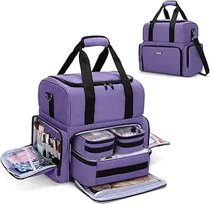 BAFASO 2 Layers Large Travel Makeup Bag with 3 Inner Removable Pouches, Hair Bag Cosmetic Bag Tattoo Carrying Case with Detachable Dividers (Patented), Purple