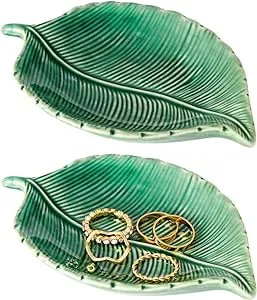 Juvale 2 Pack Leaf Shaped Jewelry Dish Ring Holder, Small Ceramic Trinket Vanity Jewelry Tray, Green, 5.3 x 3.6 x 0.8 in