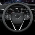 LKWLIKEI Nappa Premium Leather Car Steering Wheel Cover, Non-Slip, Breathable, Universal 15 Inches, BLACK.