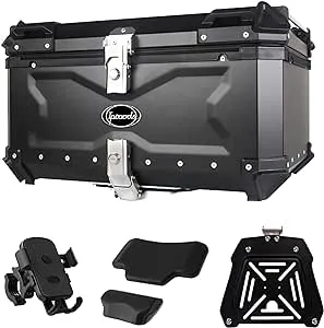 65L Motorcycle Top Case, Aluminum Alloy Universal Motorcycle Tail Box with Backrest ＆ Phone Mount Holder, Dual-key Storage Luggage Trunk (Black, 65L)