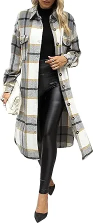 UANEO Plaid Coat Women Button Down Long Plaid Jacket Fall Flannel Trench Coat