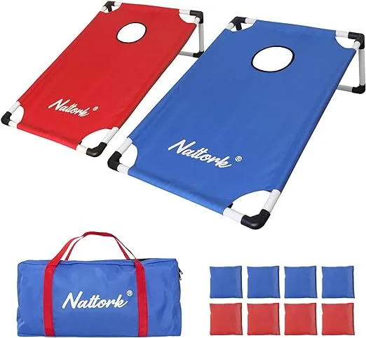 Nattork Portable Cornhole Set PVC Framed Corn Holes Outdoor Game Set with 2 Cornhole Boards, 8 Cornhole Bean Bags and Carrying Case, Games Indoor