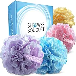 Loofah-Bath-Sponge Lace-Mesh-Set 2-Scrubs-in-1 by Shower Bouquet: Large Full 60g Pouf (4 Pack Spa Colors) Body Luffa Loofa Loufa Puff - Exfoliate, C