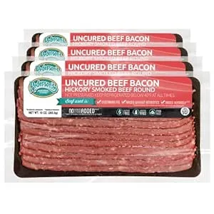 Pederson’s Farms, Uncured Hickory Smoked Beef Bacon (4 Pack, Use/Freeze) 10oz ea – (Chopped & Formed), Gluten Free, No Nitrates or Nitrites, Made in the US. Cooking Instructions Provided