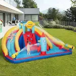 Outsunny 5-in-1 Inflatable Water Slide, Rocket Themed Kids Castle Bounce House with Slide, Pool, Water Cannon, Basket, Climbing Wall Includes Carry