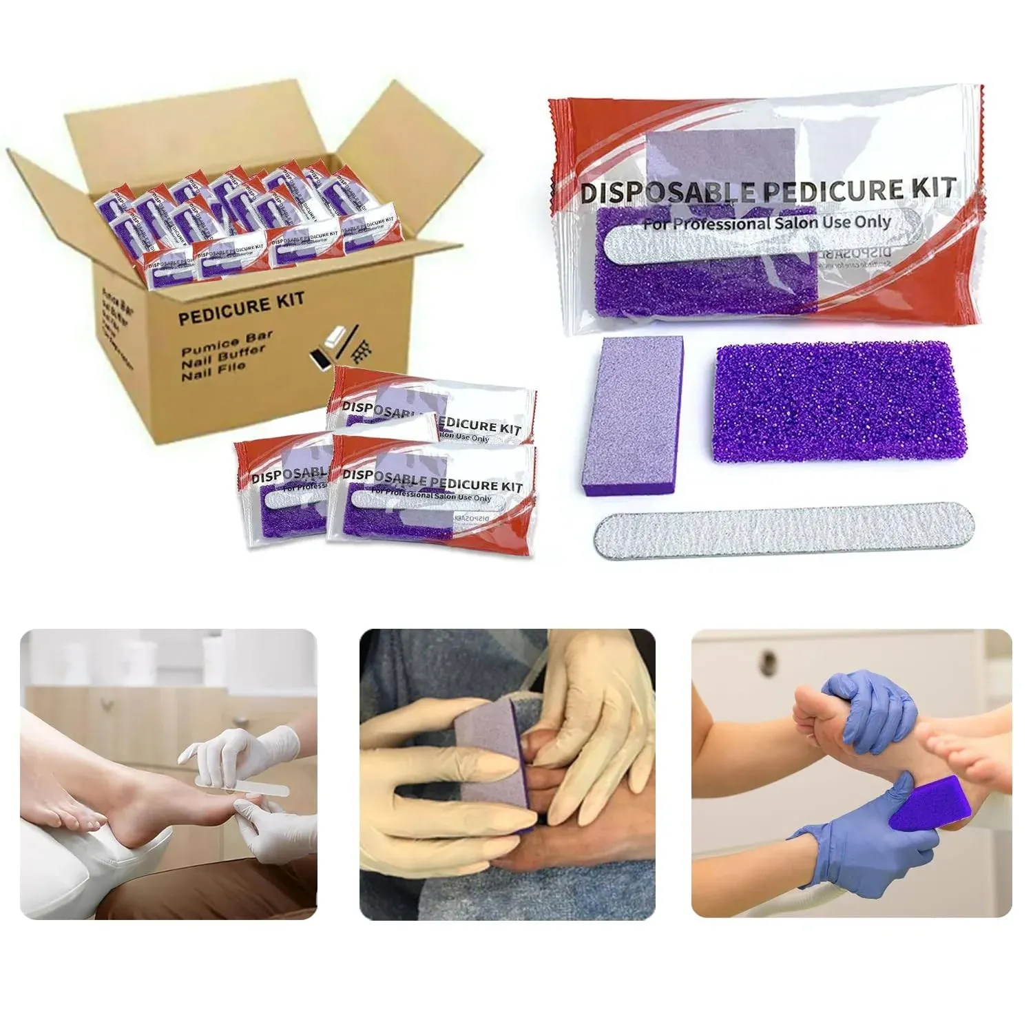 LVK Disposable Pedicure Kit, 3 in 1 (Purple Pumice Pad, Wood Nail File 100/180 Grit, Purple Mini Buffer 100/180 Grit) 10 Cuont