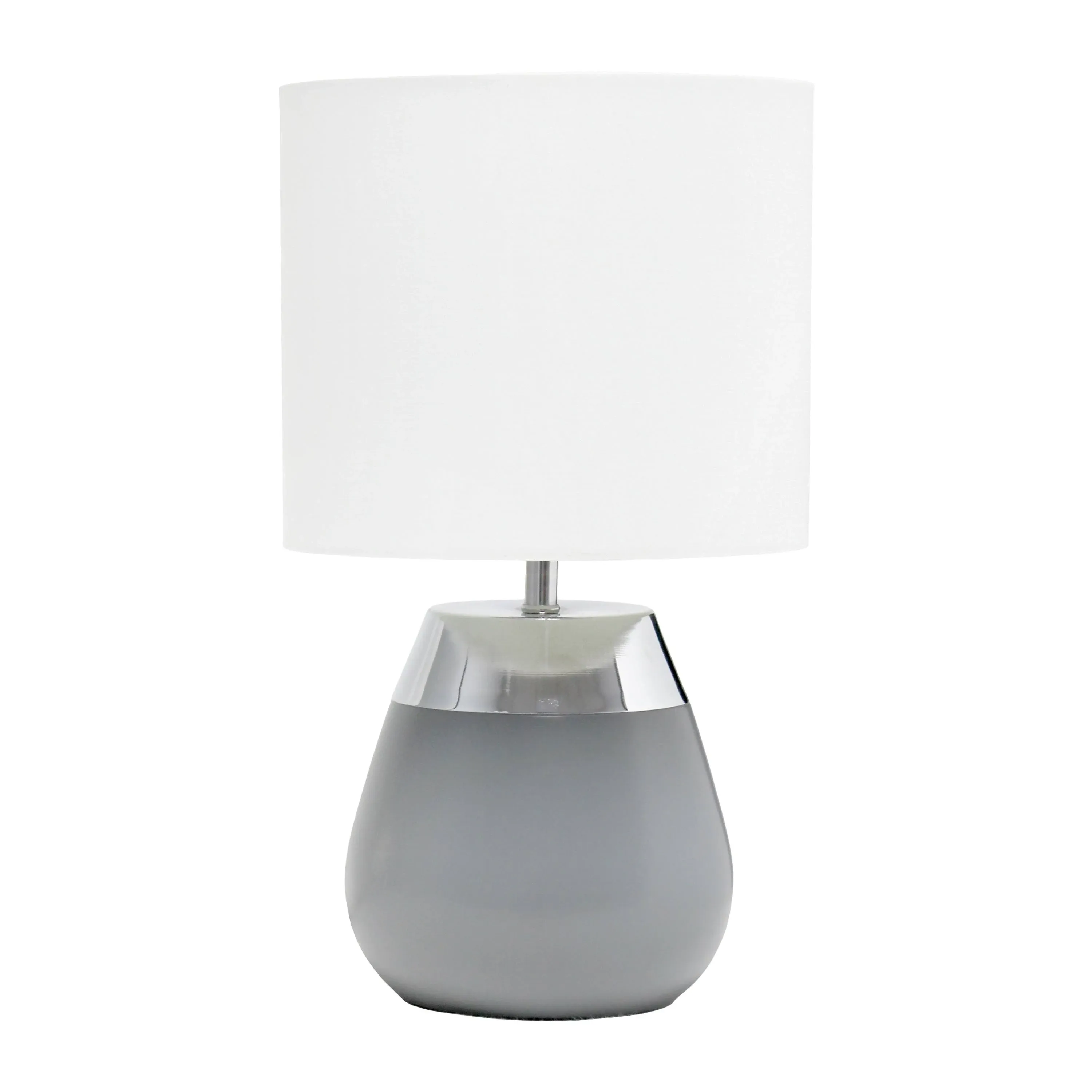 Simple Designs LT1106-GRY 14" Tall Modern 2 Tone Metallic Chrome & Gray Metal Bedside 4 Settings Touch Table Desk Lamp w White Fabric Drum Shade for Décor, Bedroom, Living Room, Dining Room, Office