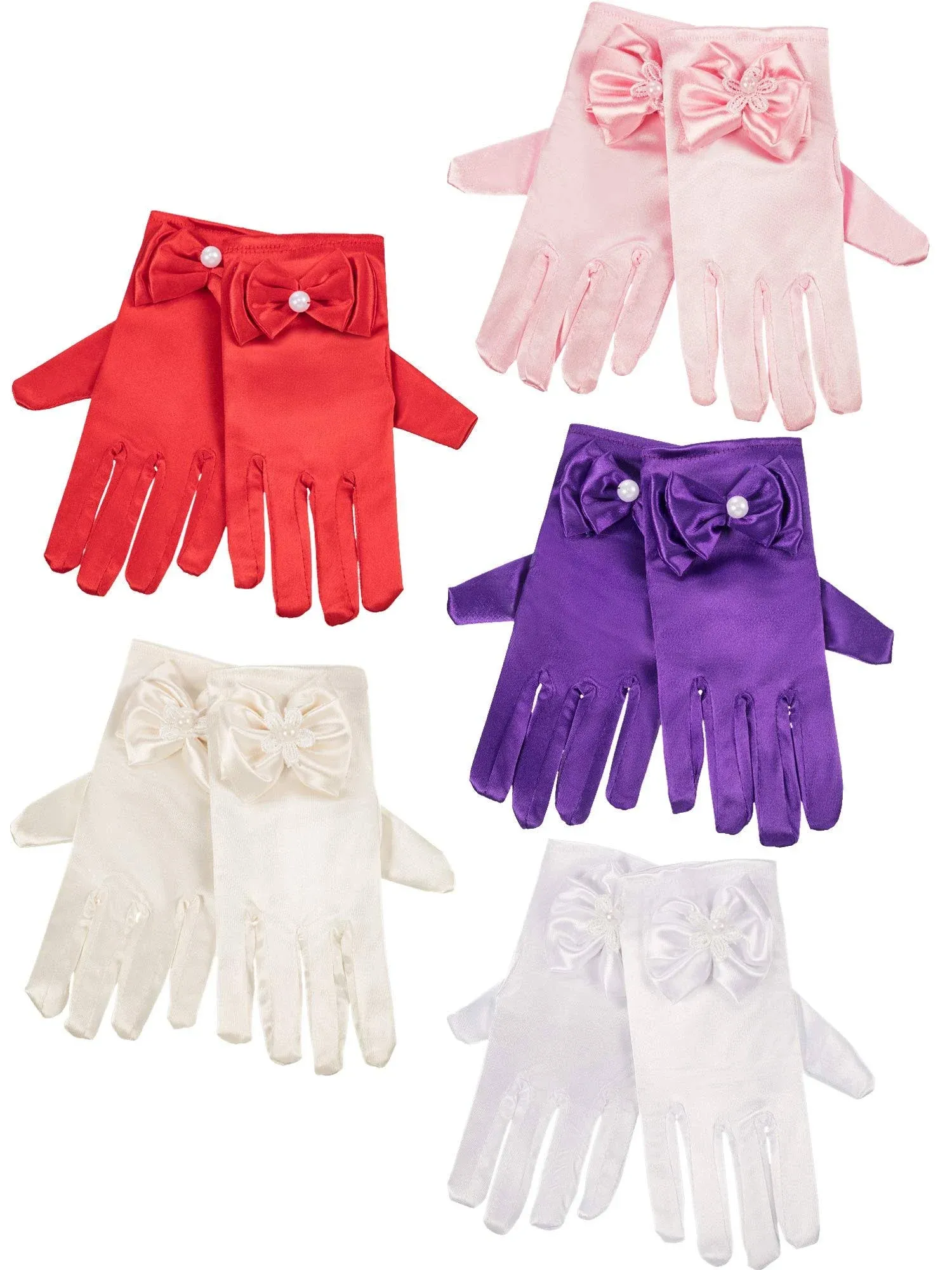 Zhanmai 5 Pairs Little Girls Gloves Tea Party Dress Gloves Silky Satin Wrist Length Bows Fancy Formal Gloves for Age Over 3 Years Kids Toddlers