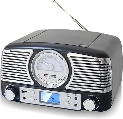 TechPlay QT62BT Black, Retro Design Compact Stereo CD, with AM/FM Rotary knob, Wireless Bluetooth Reception, and USB Port. with AUX in and Headphone Jack (Black)