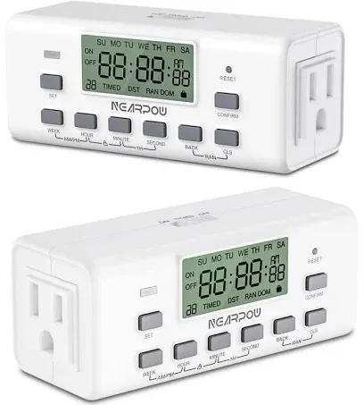 [2 Pack] NEARPOW Digital Timer For Lamp With Dual Outlets, Programmable Timer In Door, Outlet Timer For Lights,10 On/Off Programs, 24-Hour And 7-Day Programmable Electric Plug Timer,3 Prong, 15A/1875W