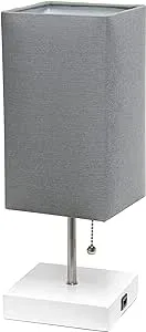 Simple Designs LT1088-GOW Petite White USB Charging Bedside Night Stand Table Lamp Pull Chain Switch, Gray Shade