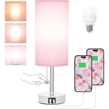 Hong-in Pink Lamp for Girls Bedroom,Nightstand Lamp with 3 Color Modes-Small Bedside Lamp with USB-C+A Charging Ports, Pull Chain Bedroom Table Lamp for Bedroom, Office, Kids Room(Bulb Included)