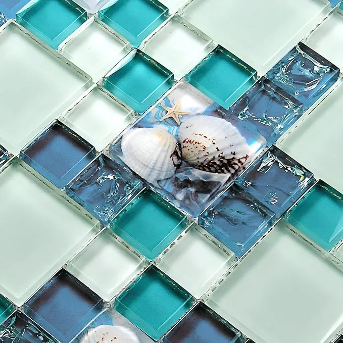 Glossy Glass Tile with Inner Crack Effect Resin Shell Beach Style Decor Sky Blue Versailles Pattern Elegant Mosaic Kitchen Backsplash Bathroom Shower Wall Tiles (11 Square Feet)