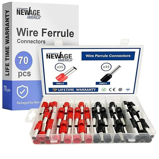 New Age America 70pcs Wire Ferrule Terminal Connector | AWG 4 Ferrules | Copper & Nylon | Black & Red | Insulated Cord Pin End Terminal | Ferrule NAAWF-70