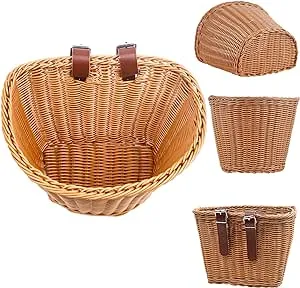 Bicycle Basket, Front Handlebar Bike Basket, Rattan Storage Basket Waterproof, Vintage Wicker, with Black Leather Straps,