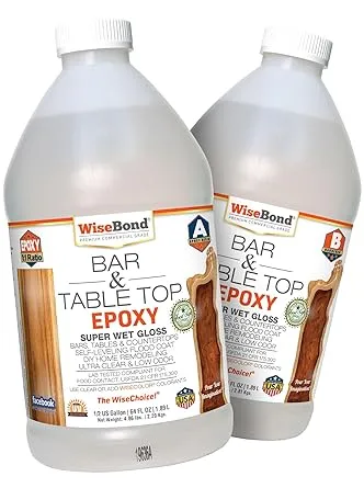 WiseBond Table Top Epoxy Resin 1 Gallon Kit, Food Safe Bubble Free, Anti-Yellow UV Resistant, Clear High Gloss, 2 Part 1:1 Mix Ratio, Dyi Bar Tops, C