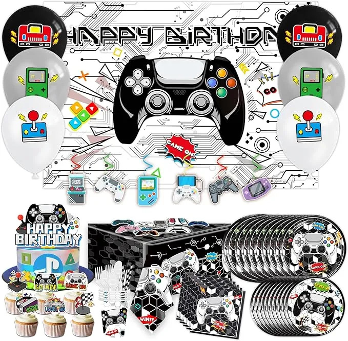 Video Game Party Supplies,181 Video Gamer Birthday Party Decorations Includes Tableware, Dinner Plates, Cups, Napkins, Table Cover, backdrop,balloon.Gamer Birthday Party for Boys Girls