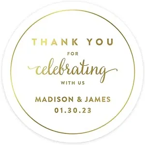 Andaz Press Personalized Round Circle Wedding Favor Gift Labels Stickers, Metallic Gold Ink, Thank You for Celebrating with US, 40-Pack, Custom Made Any Name