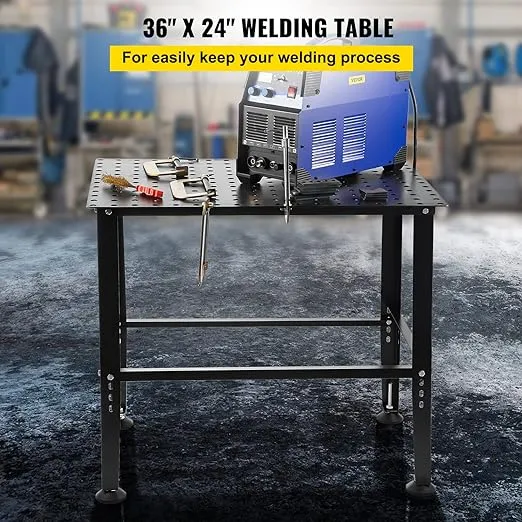 VEVOR Welding Table, 36" x 24" Steel Welding Workbench Table, 0.12-inch Thick Industrial Workbench, 600lb Loading Capacity Work Bench, Heavy Duty Carbon Steel Work Table with Adjustable Feet