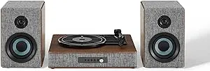 Crosley CR7020A-GY Aria 3-Speed Bluetooth Turntable and FM Radio Shelf System with Matching Stereo Speakers, Gray