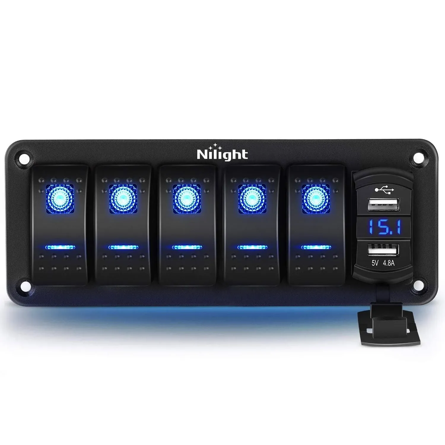 Nilight 5 Gang Rocker Switch Panel with 4.8 Amp Dual USB Charger Voltmeter Waterproof 12V 24V DC Rocker Switch with Night Glow Stickers for Car Trucks Boats RVs