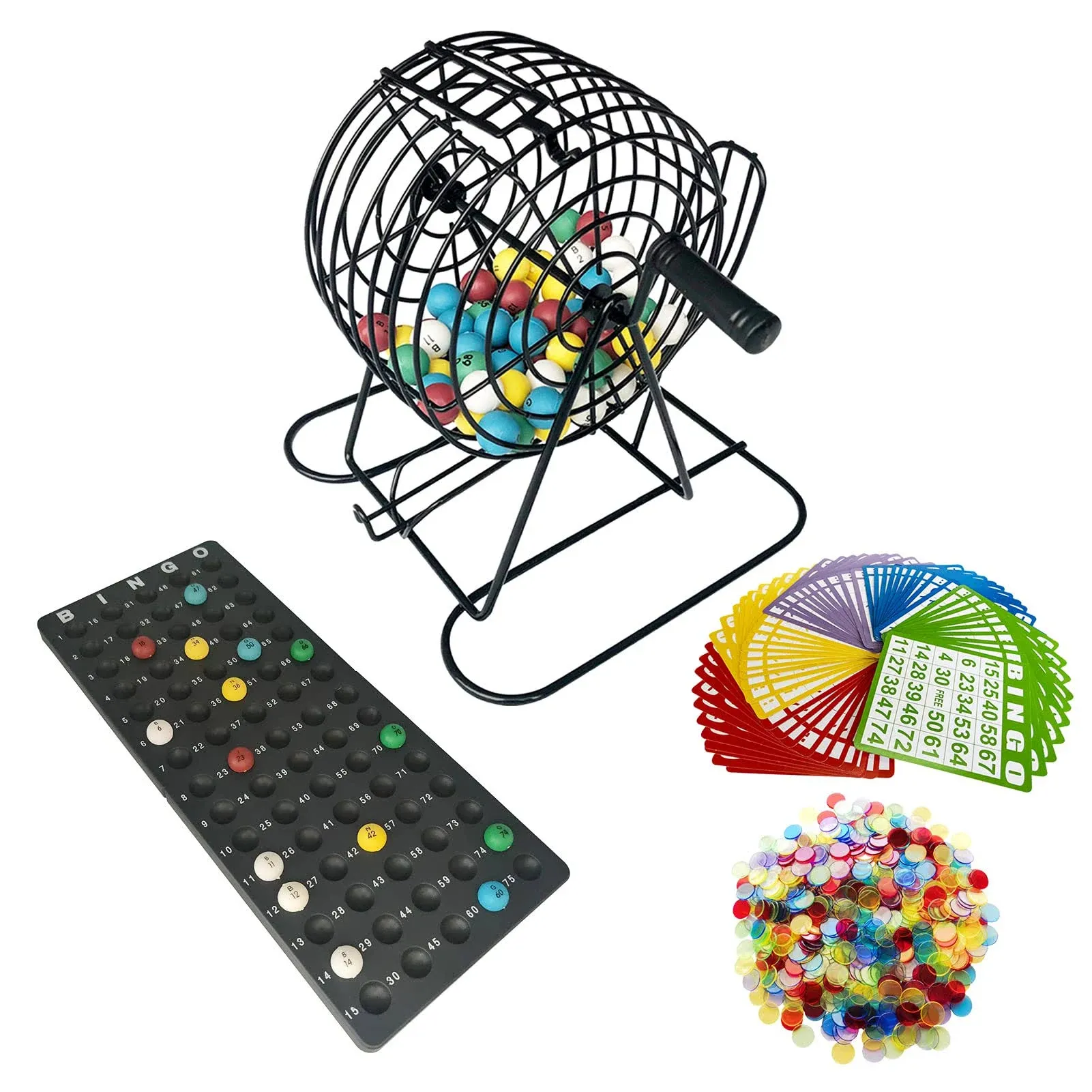 Yuanhe Deluxe Bingo Game Set-Metal Cage with Calling Board, 50 Bingo Cards, 300 Colorful Bingo Chips,75 Colored Balls