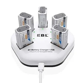 EBL 9V Rechargeable Batteries Lithium Ion 9V 600mAh Batteries 600mAh (5 Packs) with 5 Bay 9V Battery Charger 2A Input for Smoke Alarm Detectors