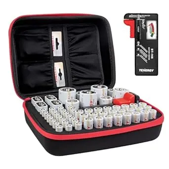 Tenergy Battery Organizer Storage Case with Battery Tester, Holds 60 Batteries AA AAA C D 9V (Batteries Not Included)