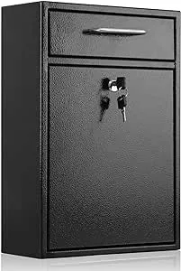 xydled Metal Mailbox Wall Mount, Locking Mailbox with Key Lock, Large Mailbox with Lock, Hanging Secure Postbox, Security Key Drop Box, Collection Boxes, Black,XL Large