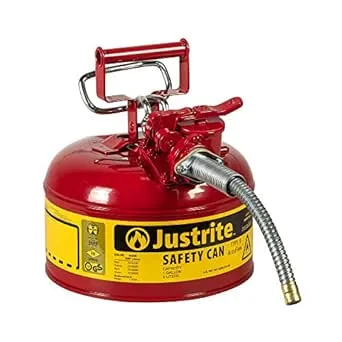 Justrite 1 Gallon Type II Red Safety Gas Can for Gasoline with Flame Arrester, Self-Closing Lid, and 5/8" Flexible Metal Spout, Made in the USA, Galvanized Steel Flammable Storage Can, 7210120