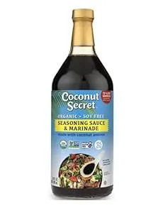 Organic Coconut Aminos 72% Less Sodium Seasoning Sauce & Marinade Soy Free Alternative 1 Glass Bottle NT.Wt 32 Fl.Oz, (887mL)