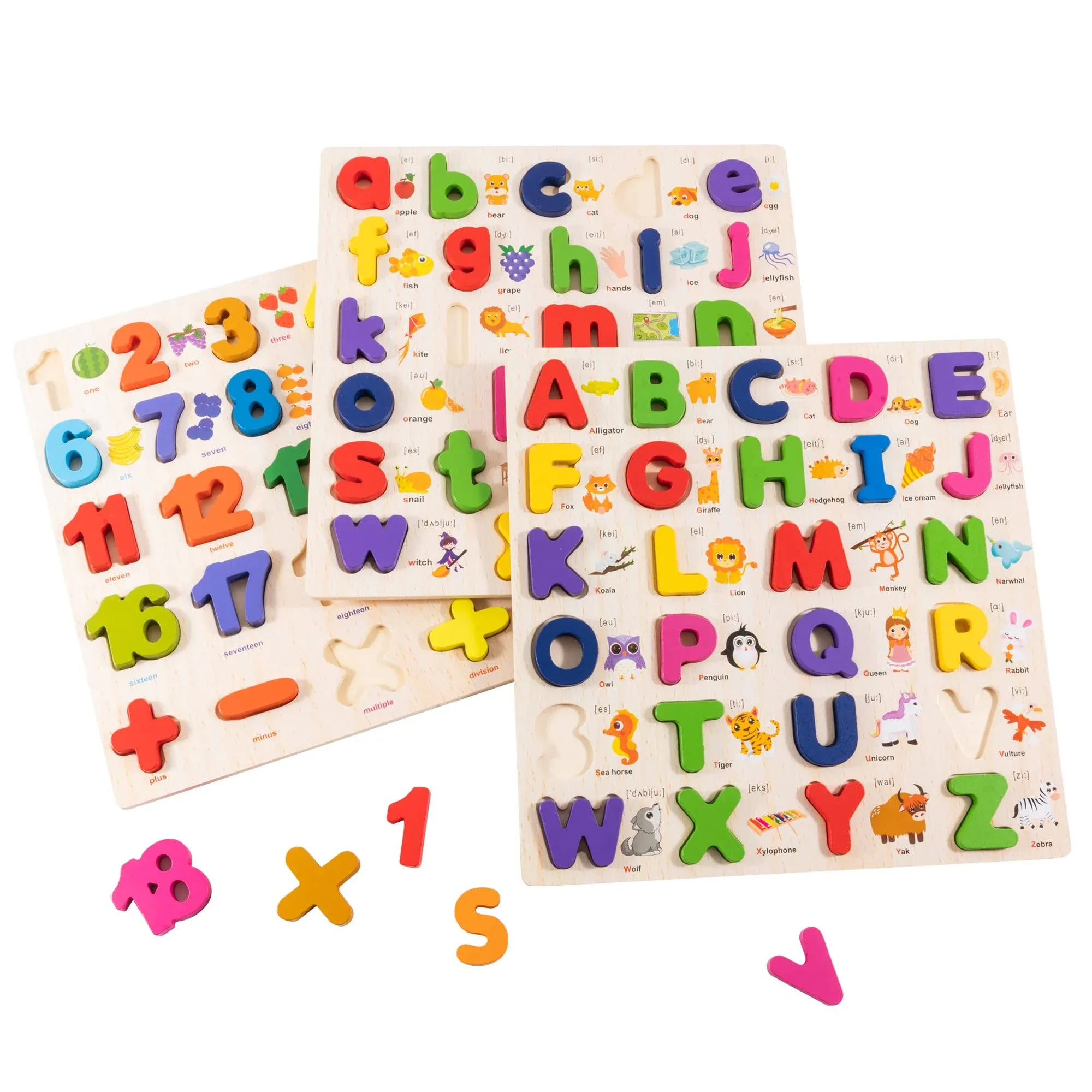 Xjyqjd Wooden Alphabet Puzzle for Toddlers, 3 in 1 Lower Case Alphabet Letter Puzzles ABC Uppercase & Lowercase & Number Puzz