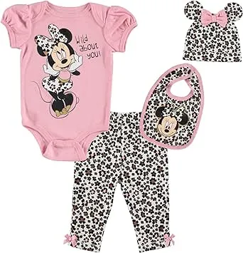 Disney Minnie Mouse Infant Baby Girls Bodysuit Pants Bib and Hat 4 Piece Outfit Set Newborn to Infant