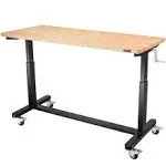 WorkPro 60 inch Height Adjustable Work Table with Crank Handle and Casters, 60 inch x 24 inch Rubber Wood Top Standing Desk Workbench, Heights from