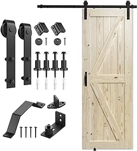 SMARTSTANDARD 30in x 84in Sliding Barn Door with 5ft Barn Door Hardware Kit & Handle, Pre-Drilled Ready to Assemble, DIY Unfinished Solid Spruce Wood Panelled Slab, K-Frame, Natural