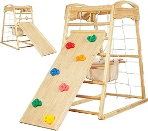 FUNLIO 7-in-1 Wood Indoor Playground for Toddlers 2-5, Montessori Climbing Toys with Solid Pine Wood, Indoor Jungle Gym for Kids with Swing/Slide/Climbing Rock/Net/Ladder/Monkey Bars/Gymnastic Rings