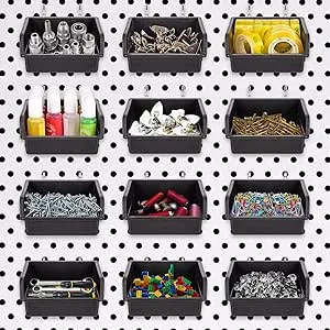 G.CORE 12 Pack Pegboard Bins with Hooks, Peg Board Hooks Assortment Organizer Accessory, Various Tools Storage Arrange System Kit, for Garage Craft