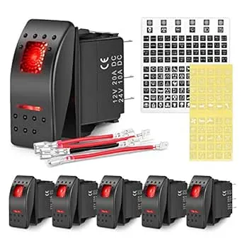 Nilight 6 Pack Rocker Switches with Night Glow Stickers 5 Pin SPST Rocker Switches with Red Backlit 12V/24V Toggle Switches for Cars Trucks RVs